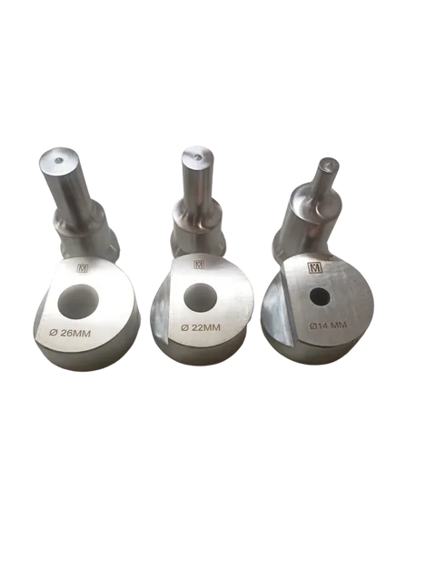 Three punches with their dies, laser marked Ø26, Ø22 and Ø14 mm with the Mahavir M.