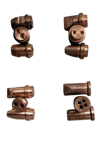 Copper contact nozzles for submerged arc welding, single and twin bore.